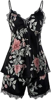 BellisMira Sexy Slip Satin Nightwear Lace Cami Padded/Unpadded Flower Pajamas V-Neck Sleepwear Floral Silk Nighty for Women