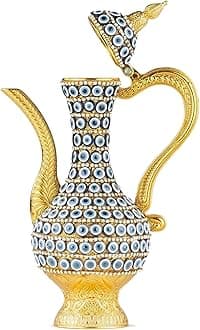 Steel Water Bottle Pitcher with Zirconia Stones | Handmade Metal Carafe Water Tea Coffee Jug Vintage Bottle | Turkish Ottoman Zamzam Pitchers (470 ML / 16 Oz, Evil Eye and Zirconia, Gold Color)