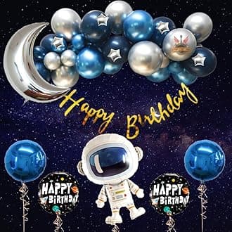 Party town space theme decoration combo for boys and girls theme birthday party with Metallic balloons | Astronaut foil balloons | Mini star foil | Balloon arc | Glue dots - (Pack of 68) (Space)