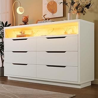 Sideboard for Living Room, Modern Wooden Storage Cabinet with 6 Drawers & Shelves, White Storage Units with RGB LED Lighting for Bedroom, Dining Room, Office, White