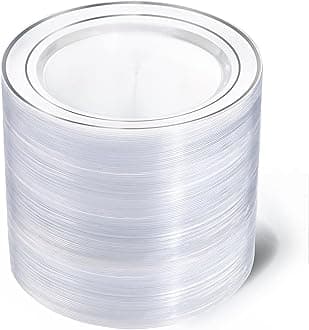 I00000 100Pcs Clear Silver Plastic Plates,Silver Rim Plates 7 Inch,Heavy Duty Premium Clear Dish for Wedding Party Supplies for Salad Dessert Cake