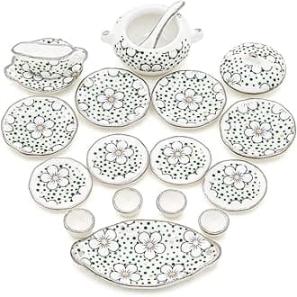 1/12 Miniature Dish Dinnerware Set 17Pcs Dollhouse Decoration Accessories, Plum Blossom