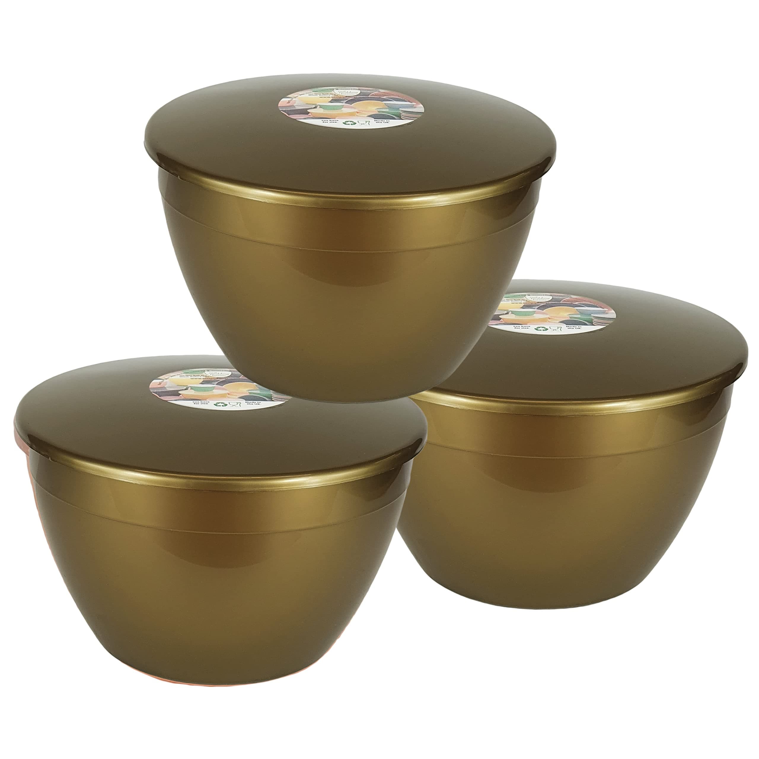 Just Pudding Basins Pack of 3 Plastic Gold Coloured Pudding Basins 3 Pint Large Size Food Safe Steaming Bowls Golden Colour Bowl and Lid 1.7lt