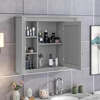 LZ LEISURE ZONE 35'' x 28'' Wall Mounted Bathroom Storage Cabinet, Modern Bathroom Wall Cabinet with Mirror, Mirror Cabinet with 6 Open Shelves, Gray