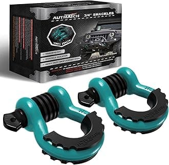 AUTMATCH 3/4" D Ring Shackles (2 Pack) 41,887Ibs Break Strength with 7/8" Screw Pin and Shackle Isolator Washers Kit for Tow Strap Winch Off Road Vehicle Recovery Teal & Black