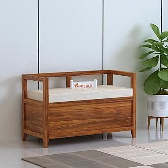 TG Furniture Solid Sheesham Wood Storage Bench with Cushion Seat | Wooden Entryway Bench with Backrest for Hallway, Living Room & Balcony | Multipurpose Seating Benches with Storage Box | Natural
