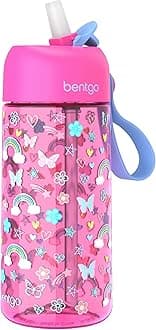 BentgoKids Water Bottle - Leak-Proof, Durable Tritan, BPA-Free 15 oz. Cup for Kids/Toddlers Ages 3+, Safe Sip Spout, Carrying Handle, & Dishwasher Safe for School & Sports (Rainbows & Butterflies)