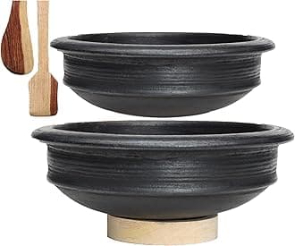 Pre-Seasoned Earthen/Clay-Handi/Kadai/Pot Combo 1 & 2 Liter - Black,
