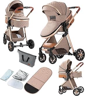 2 in 1 Baby Stroller, Convertible Pram, Reversible Standard Stroller, Portable Baby Buggy, Infant Carriage, Foldable High Landscape Pushchair for Toddler Newborn (225 Khaki)