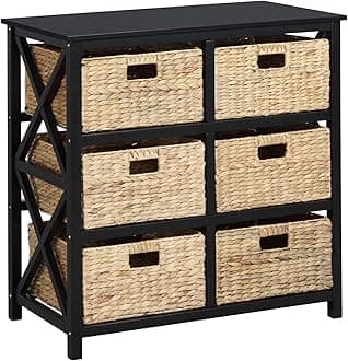 3 Tier X-Side End Storage Cabinet with 6 Wicker Baskets, Black