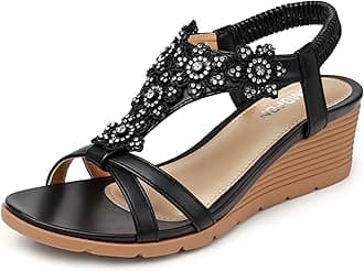 TEMOFON Women's Low Wedge Heels Summer Dressy Platform Sandals Elastic Ankle Strap Open Toe Flower Shoes