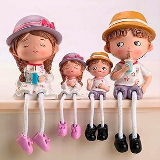 Family Set Decorative Showpiece | Polyresin Hanging Legs Statues | Cute Family Cabinet Figurines Unique Family Couple with Sipper Drinks Showpiece (4 Pcs Set, Multicolor)