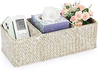 Hipiwe Seagrass Storage Basket Bin- 3 Sections Hand-Woven Toilet Basket Wicker Shelf Basket Bathroom Organizer Bins for Shelves, Kitchen, Pantry, Closets, Toilet Paper Tissue Organizer