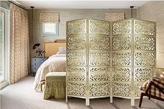 Room Divider Wood Screen- Antique Gold - 4 Panel Folding 72 x 80 - Intricate Hand Carved Decorative Functional Versatile Portable Partition Reversible Freestanding Privacy