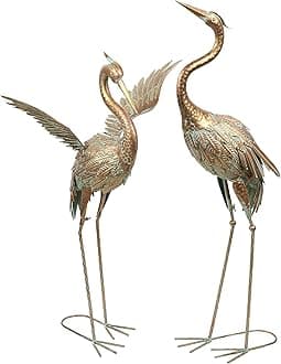 Garden Decor, Set of 2 Cranes Garden Decor, 33-39", Elegant Cranes with Golden Painting, Waterproof Metal Garden Statue, Herons Gifts Birthday Gifts for Women Mom