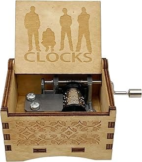 Vintage Wooden Clocks Music Box Hands Crank Laser Design Musical Box for Men Women Birthday Christmas gifts (Clocks)