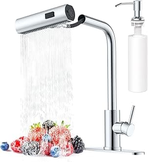 Waterfall Kitchen Faucets with Pull Down Sprayer & Soap Dispenser in Chrome, Single Hole, Single Handle, Pull Out Tap, Stainless Steel Sink Faucet, Suitable for Farmhouse Camper Laundry Rv Bar