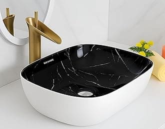 Premium Designer Ceramic Table Top Wash Basin – Slim Rim Countertop Vessel Sink for Bathroom & Living Room (18 x 13 x 5.5 Inch, White & Black)