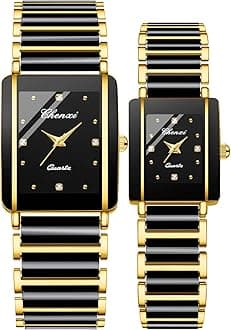Vintage Couple Watch Set - Men and Women Matching Quartz Square Ceramic His and Hers Pair With Diamond Waterproof Feature