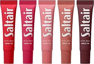 Saltair Hydrating Lip Oil Balm, Clear and Tinted Lip Gloss, Everyday Shades 5-Pack. Moisturizing Vegan Conditioning for Dry Cracked Lips with Glossy High-Shine Finish. Coconut Vanilla Flavor