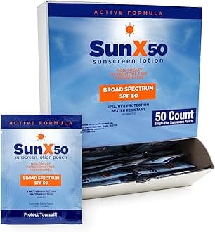 Sun X 50 SPF Broad Spectrum Sunscreen Packets - Pack of 50 Paraben, Oxybenzone, Octinoxate, & Oil Free Sunscreen - No White Cast and Water Resistant Up to 80 Minutes