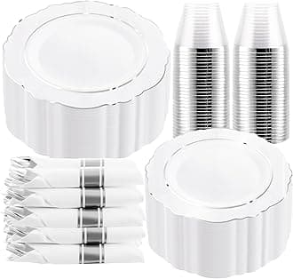 350Pcs Silver Christmas Plastic Plates with Disposable Silverware and Cups, include: 50 Dinner Plates 10.25”, 50 Dessert Plates 7.5”, 50 Silver Rim Cups 9 OZ, 50 Pre Rolled Napkins