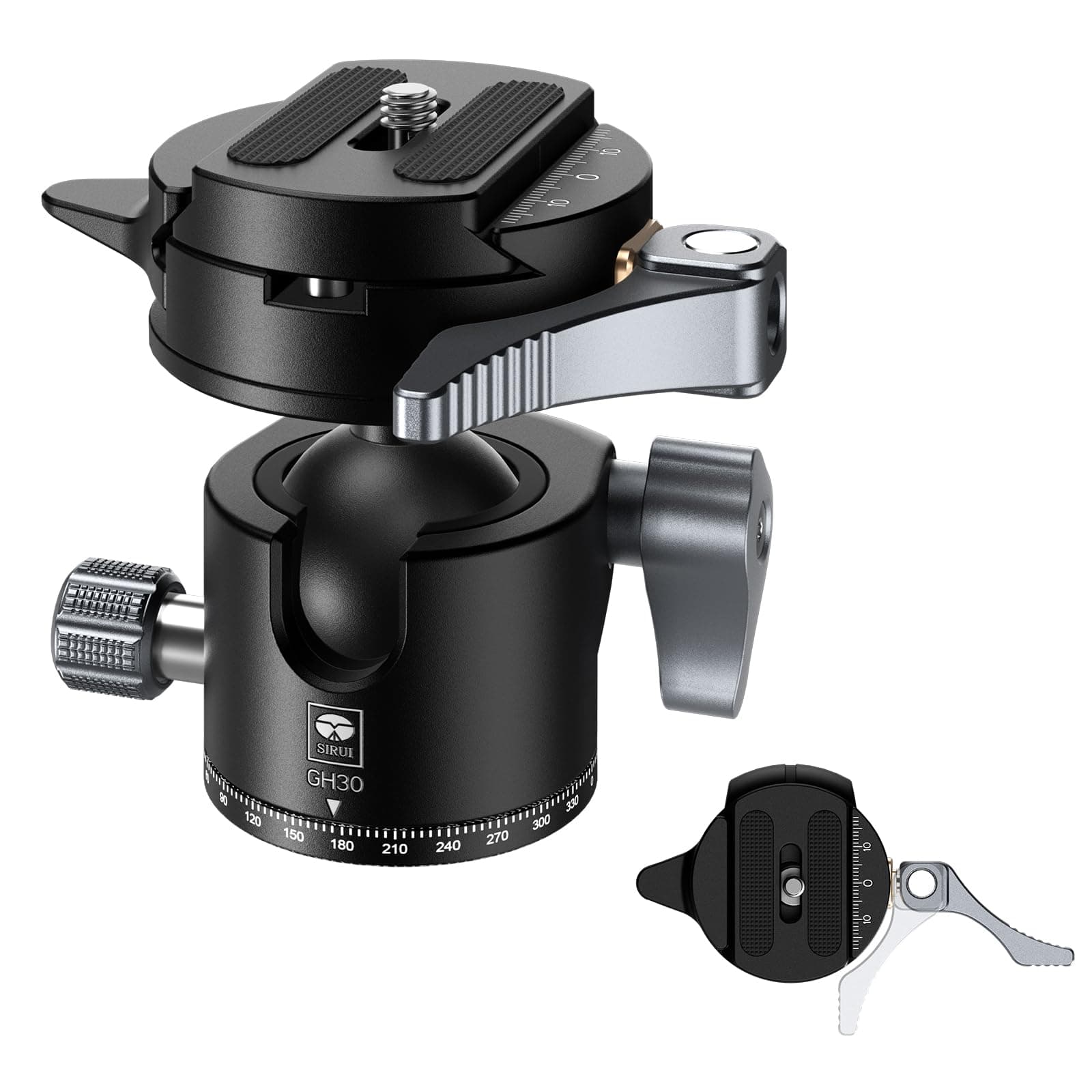 Low Profile Tripod Head with Arca-type Quick Release Plate, 360°Panoramic Metal Camera Ball Head Mount with 1/4" and 3/8" Threaded Hole for Monopod, DSLR, Phone, Max Load 22lbs/10kg, GH30