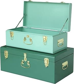 Vixdonos Decorative Large Metal Box Storage Trunk Chest Set of 2 College Dorm Organizer with Hardware Hasps and Handle for Home Deocr,23.7X14.2X9.5 Inches