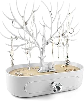 MORE&LESS Antlers Jewelry Display Stand with Drawer and Crystal Handle, Tree Tower Rack Hanging Organizer for Ring Earrings Necklace Bracelet