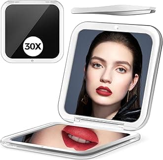 PIMPLEGO Compact Mirror, 30X Magnifying Mirror, Square Travel Makeup Mirror, 3.3x3.3 inch Small Pocket Mirror, Women's Magnetic Portable Mirrors with Precision Tweezers, Black