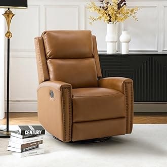 HULALA HOME Genuine Leather Swivel Rocker Recliner, Manual Glider Recliner Chair with Adjustable Backrest & Footrest, Modern Home Theater Lounge Sofa Armchair for Living Room Bedroom, Camel