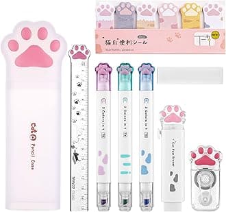 9 Pcs Cute Cat Paw Stationery Set Kawaii School Office Supplies Including Eraser Correction Tape Highlighters Sticky Notes Ruler for Cat Lovers Students (White)