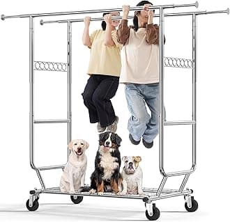 HOKEEPER Heavy Duty Double Rail Clothes Rack on Wheels, 295kg(650lbs) Capacity, Industrial Design with Bottom Shelf, Extendable Length & Height - Ideal for Bedroom, Boutique, Laundry Room, Yard Sale