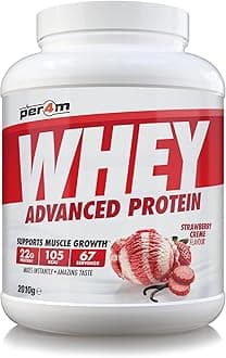 Per4m Whey Protein Powder | High Protein Shake for Muscle Growth & Recovery | Low Sugar Gym Supplement | Sports Nutrition Drink + Amino Acids (2010g, Strawberry Creme)