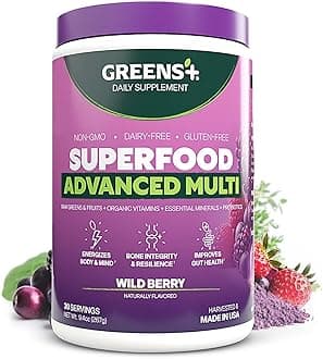 Greens+ Advanced Multi Wild Berry Superfood Powder, Organic Blend, Vegan, Non-GMO, Soy-Free, Dairy-Free, Gluten-Free, Dietary Supplement with Vitamins & Minerals, 9.4 oz