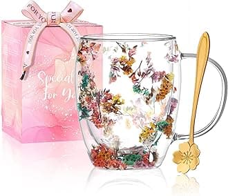 Gifts for Women Dried Flowers Double Wall Glass Coffee Mugs Cute Glass Tea Cups with Handles Autumn Mug Christmas Birthday Gifts for Best Friends Teacher Mum Gifts New Home Gift Ideas Home Decor