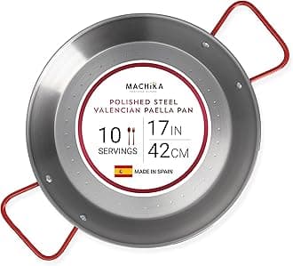 Machika 17 inch Carbon Steel Paella Pan, 42cm Polished Steel Large Skillet From Spain, Great for Paella Parties Indoors, Outdoors, Camping & More, Imported Spanish Paellera, Made by Garcima