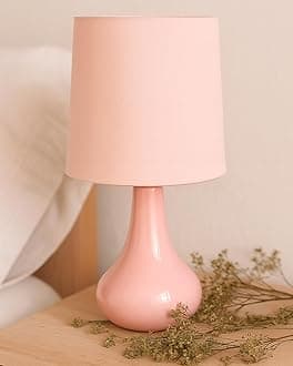 Homesake Modern Small Ceramic LED Table Lamp, Classic Bedside Desk Lamp For Living Room Bedroom, Farmhouse Nightstand Lamps With Fabric Shade (Pink)