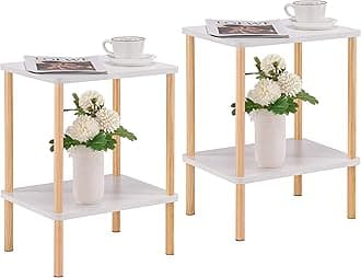 Apicizon 2 Tier End Table Set of 2, Boho Side Table with Storage Shelf, Nightstand Bedside Table for Small Spaces, Bedroom, Living Room, Entryway, Farmhouse, Easy Assembly, White+Natural