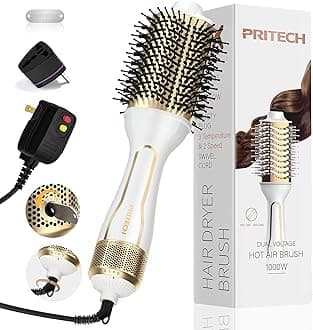 PRITECH Dual Voltage Hair Dryer Brush, Hot Air Brush 110V-120V/220V-240V Ionic 1000W Blow Dryer Brush 4 in 1 Styler, One Step Volumizer,Styling Brush for Straight and Curling Hair Salon