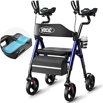 Walkers for Seniors, Upright Walker with Adjustable Armrests, Z22 GelCool Stand Up Walker with Ergo Seat & Backrest, 8" All Terrain Rollator with 300lb,Cup& Cane Holder
