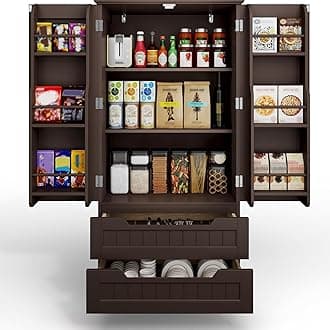 Gizoon 63" Kitchen Pantry Storage Cabinet with Drawers Freestanding Bathroom Storage Cabinets with Doors and Shelves, Small Food Pantry Cabinet for Dining Room Craft Room, Dark Brown