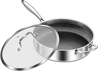 DELARLO Tri-Ply Stainless Steel 12 Inch Deep Frying Pan with lid,7QT Saute Pan Nonstick,Compatible with All Cooktops,Oven Up to 660℉,Chicken Fryer,Dishwasher-Friendly