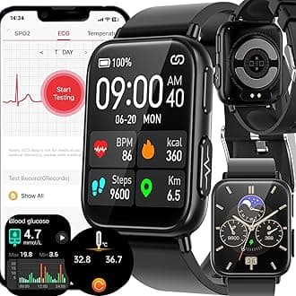 TK10 Blood Glucose Smart Watch for Diabetic, ECG+PPG Fitness Tracker with 24/7 Heart Rate Blood Pressure Oxygen Temperature Monitoring, 9 Sports Modes, Smartwatch for Men & Women,Black