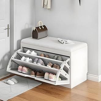 LITFAD Modern Shoe Storage Bench with Doors Entryway Shoe Bench with Cushion Seat Hallway Bench with Shoe Storage Cabinet Free Standing Hidden Shoes Organizer - 20" L x 12" W x 18" H White