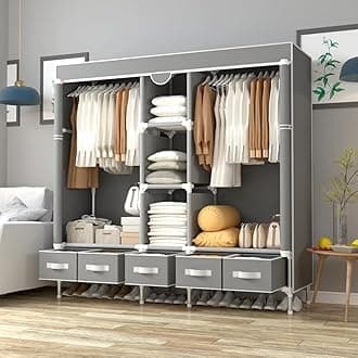 Canvas Wardrobe with 5 Drawers, 185x45x175cm Wardrobe for Bedroom Cupboard Clothes Storage Solution, with Hanging Rail Storage Shelves