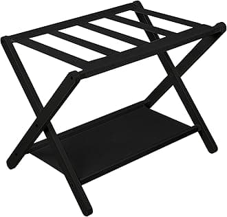 VASMIA Luggage Rack, Folding Suitcase Stand with Storage Shelf,Bamboo Luggage Stand for Guest Room,Bedroon and Hotel,Holds up to 131 lb,Fit Most Luggage Size,Black