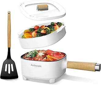 Audecook Hot Pot Electric 2L, Cermic Glaze Non-Stick Frying Pan 8 Inch, Portable Travel Cooker for Ramen/Steak/Fried Rice/Oatmeal/Soup, with Dual Power Control (Silicone Spatula Included)