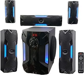 HTS56 1000W 5.1 Channel Home Theater System, Bluetooth, USB, 8" Subwoofer, LED Light Effects, Remote Control, Optical Input, for Movies, Music & Karaoke