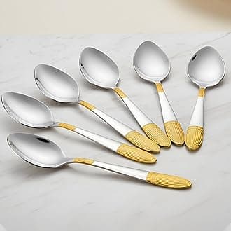 Parage Stainless Steel Golden Spoons Set of 6, 18 cm Long, Premium Spoons for Home & Kitchen, Luxury Dinning Tableware Gift for House Warming,24k Gold Big Spoons, Ivory Design